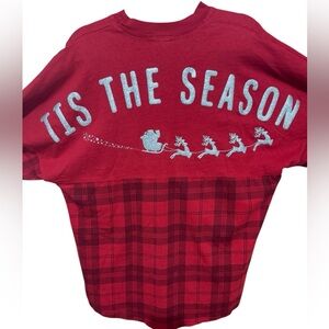 Disney Parks Season's Greetings Holiday Plaid Spirit Jersey Sz Small Oversized